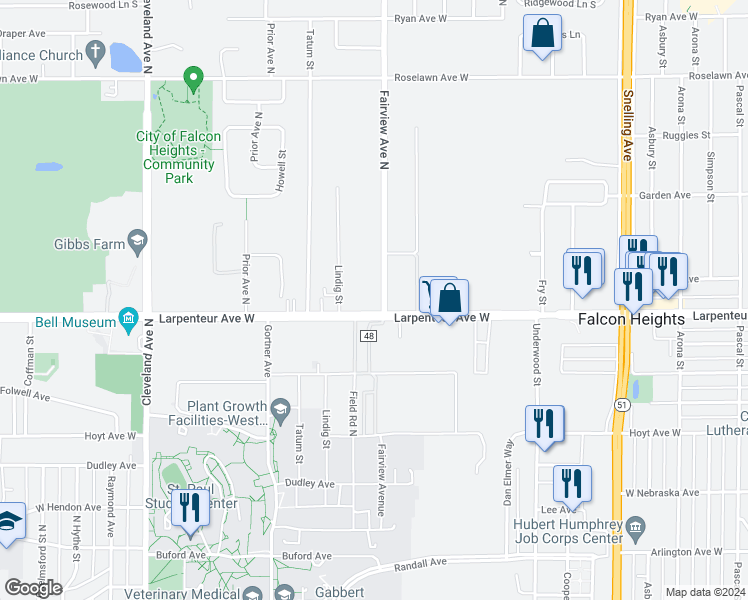 map of restaurants, bars, coffee shops, grocery stores, and more near 1701 County Highway 48 in Falcon Heights