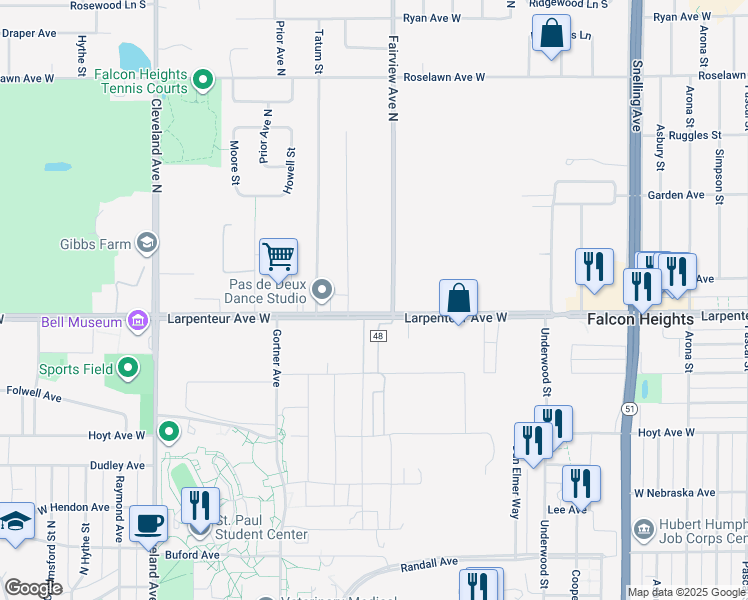 map of restaurants, bars, coffee shops, grocery stores, and more near 1708 Lindig Street in Falcon Heights