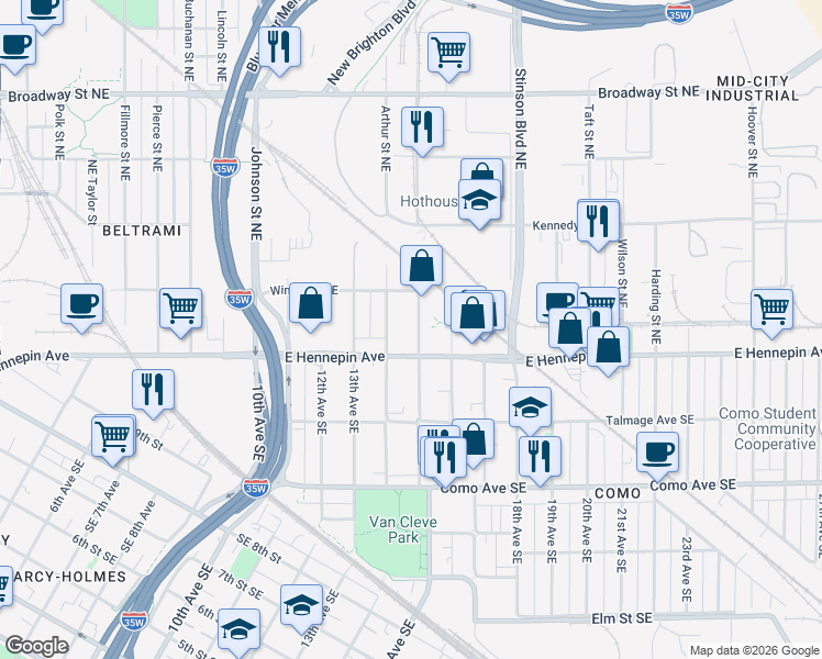 map of restaurants, bars, coffee shops, grocery stores, and more near 1155 15th Avenue Southeast in Minneapolis