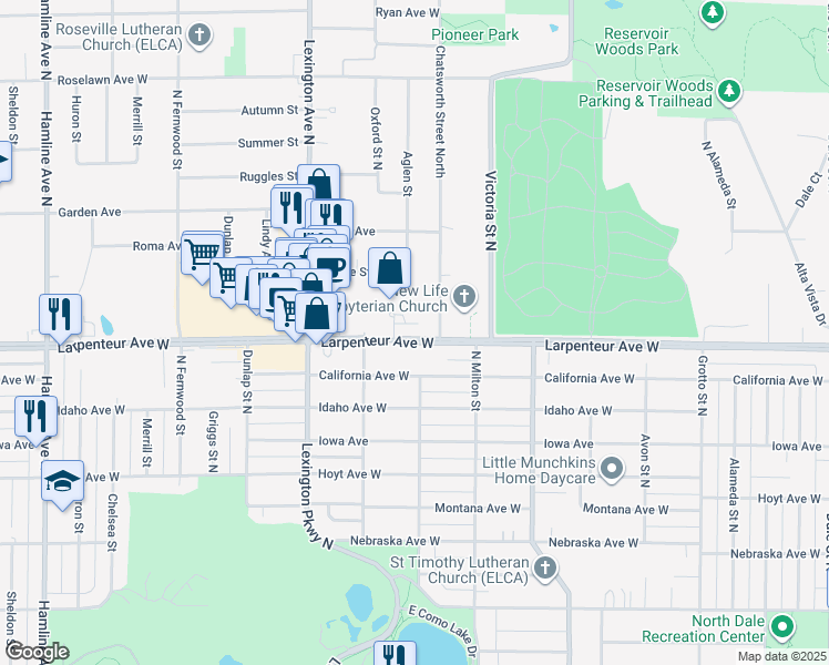 map of restaurants, bars, coffee shops, grocery stores, and more near 1017 Larpenteur Avenue West in Roseville