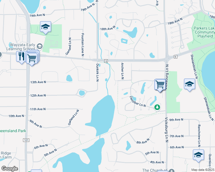 map of restaurants, bars, coffee shops, grocery stores, and more near 1299 Black Oaks Court North in Minneapolis