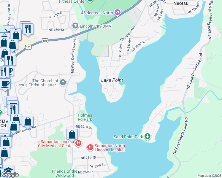 map of restaurants, bars, coffee shops, grocery stores, and more near 3297 Northeast Johns Loop in Neotsu