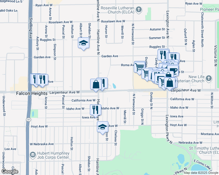 map of restaurants, bars, coffee shops, grocery stores, and more near 1315 Larpenteur Avenue West in Roseville