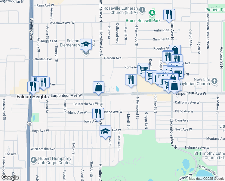 map of restaurants, bars, coffee shops, grocery stores, and more near 1315 Larpenteur Avenue West in Roseville