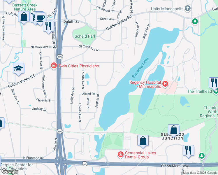 map of restaurants, bars, coffee shops, grocery stores, and more near 1320 Spring Valley Road in Minneapolis