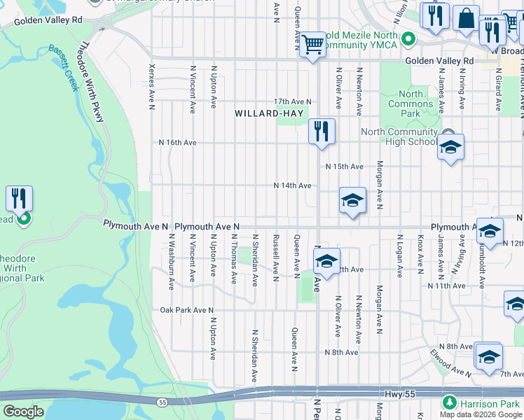 map of restaurants, bars, coffee shops, grocery stores, and more near 1328 North Sheridan Avenue in Minneapolis