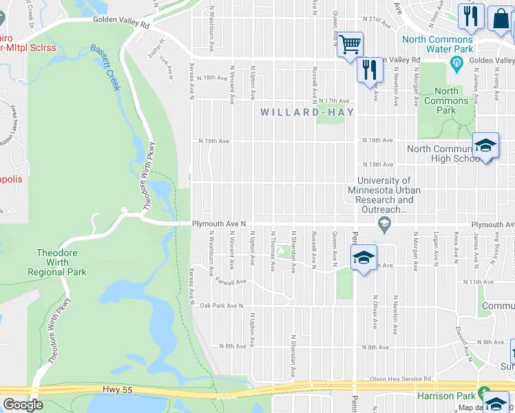 map of restaurants, bars, coffee shops, grocery stores, and more near 1320 Upton Avenue North in Minneapolis