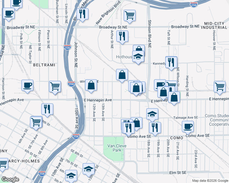 map of restaurants, bars, coffee shops, grocery stores, and more near 1155 15th Avenue Southeast in Minneapolis