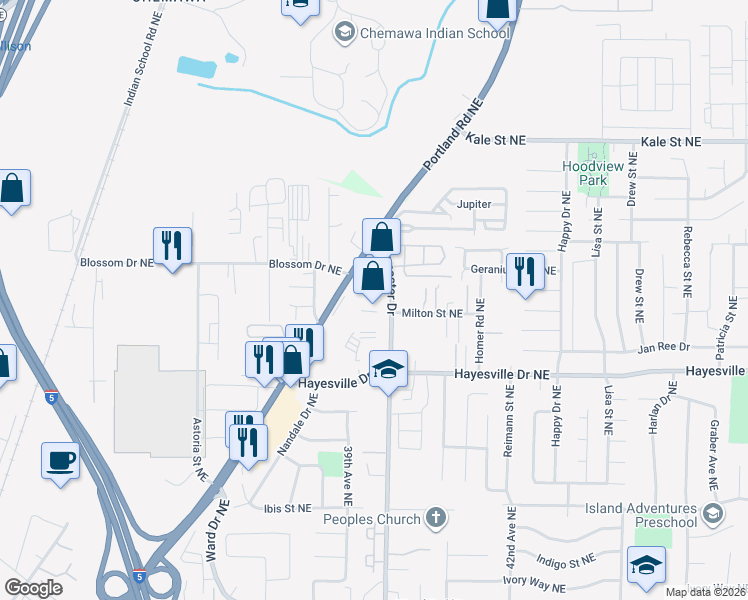 map of restaurants, bars, coffee shops, grocery stores, and more near 4749 Lancaster Drive Northeast in Salem