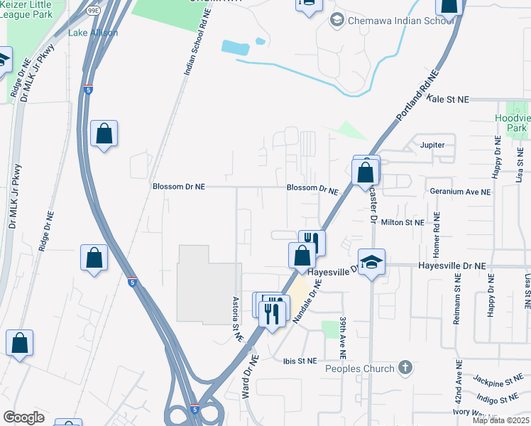 map of restaurants, bars, coffee shops, grocery stores, and more near 3480 Blossom Drive Northeast in Salem