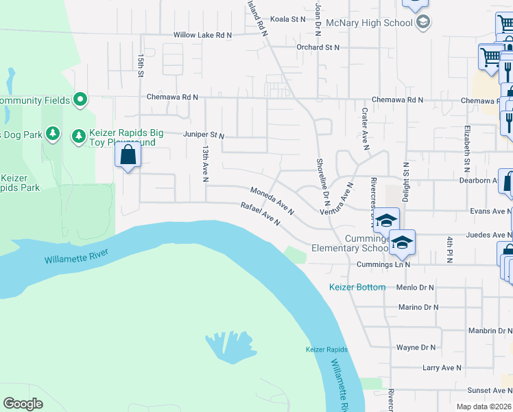 map of restaurants, bars, coffee shops, grocery stores, and more near 1123 Rafael Avenue North in Keizer