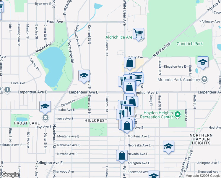 map of restaurants, bars, coffee shops, grocery stores, and more near 1704 Flandrau Street in Saint Paul