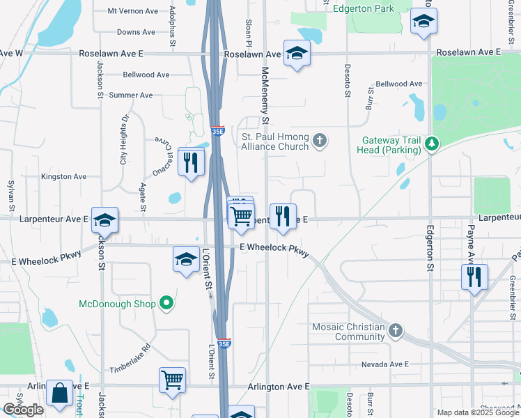 map of restaurants, bars, coffee shops, grocery stores, and more near 315 Larpenteur Avenue East in Maplewood