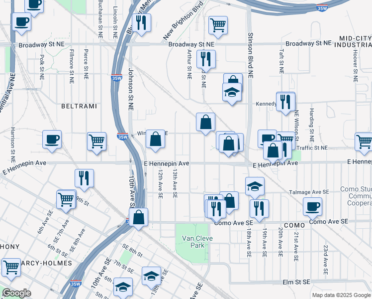 map of restaurants, bars, coffee shops, grocery stores, and more near 1153 14th Avenue Southeast in Minneapolis