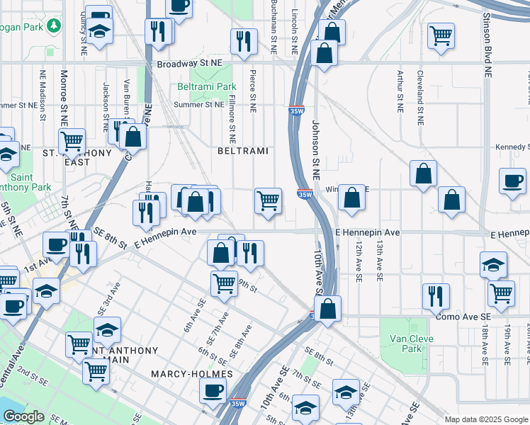map of restaurants, bars, coffee shops, grocery stores, and more near 342 Buchanan Street Northeast in Minneapolis