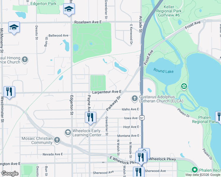 map of restaurants, bars, coffee shops, grocery stores, and more near 717 Larpenteur Avenue East in Maplewood