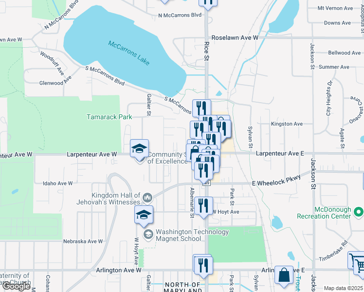 map of restaurants, bars, coffee shops, grocery stores, and more near 195 Larpenteur Avenue West in Roseville