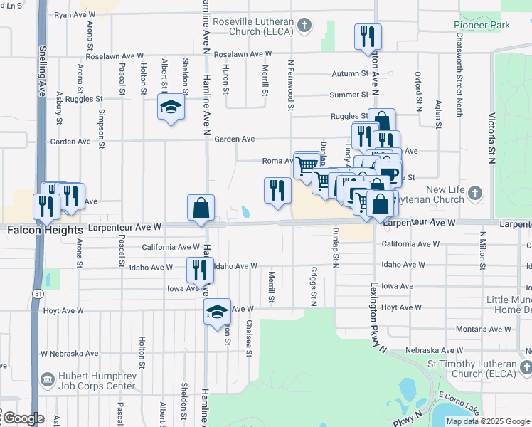 map of restaurants, bars, coffee shops, grocery stores, and more near 1255 Larpenteur Avenue West in Saint Paul
