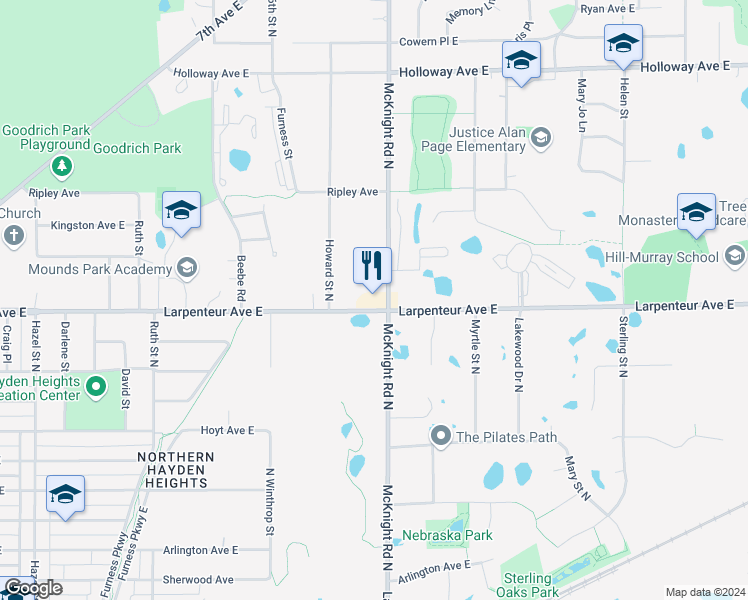 map of restaurants, bars, coffee shops, grocery stores, and more near 2251 Larpenteur Avenue East in Maplewood
