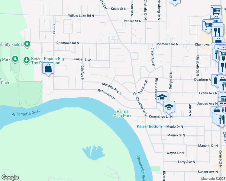 map of restaurants, bars, coffee shops, grocery stores, and more near 1036 Moneda Avenue North in Keizer