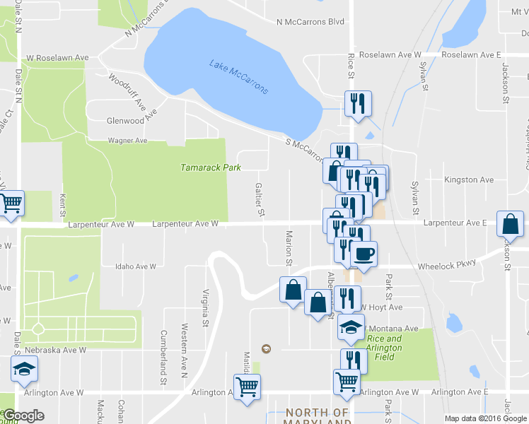 map of restaurants, bars, coffee shops, grocery stores, and more near 1700 Galtier Street in Roseville