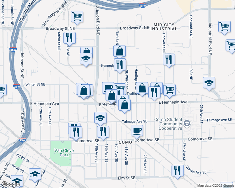 map of restaurants, bars, coffee shops, grocery stores, and more near 2000 Traffic Street Northeast in Minneapolis