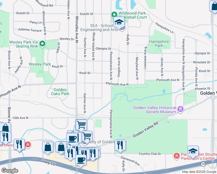map of restaurants, bars, coffee shops, grocery stores, and more near 1209 Pennsylvania Avenue North in Minneapolis