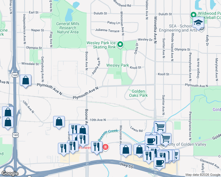 map of restaurants, bars, coffee shops, grocery stores, and more near 1298 Castle Court in Minneapolis