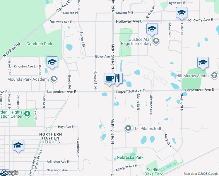 map of restaurants, bars, coffee shops, grocery stores, and more near 2251 Larpenteur Avenue East in Maplewood