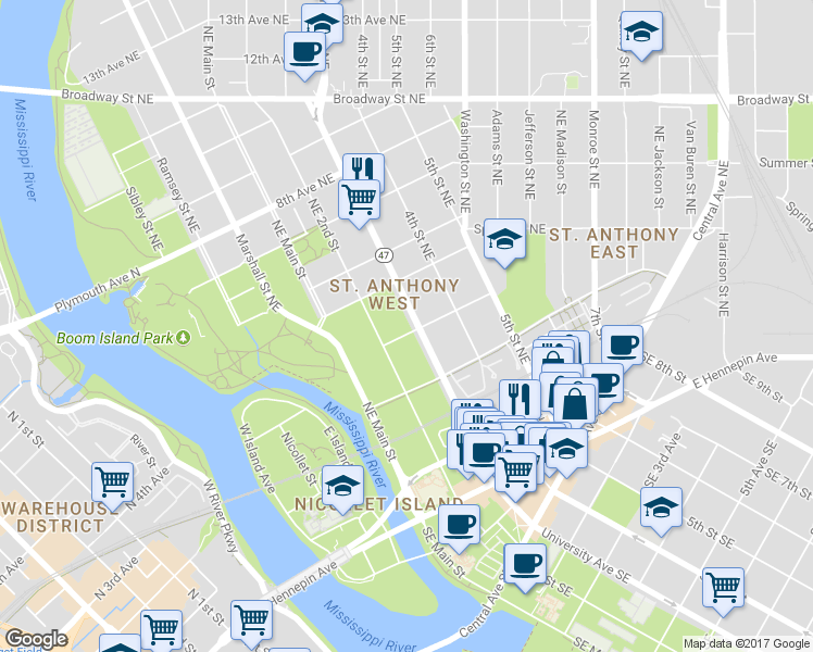 map of restaurants, bars, coffee shops, grocery stores, and more near 402 University Avenue Northeast in Minneapolis