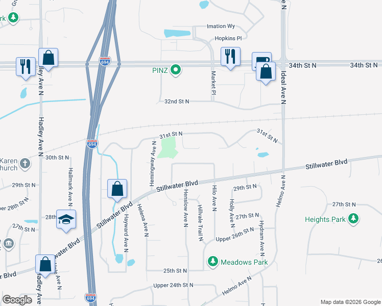 map of restaurants, bars, coffee shops, grocery stores, and more near 7507 31st Street Place in Oakdale