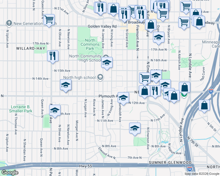 map of restaurants, bars, coffee shops, grocery stores, and more near 1325 North Irving Avenue in Minneapolis