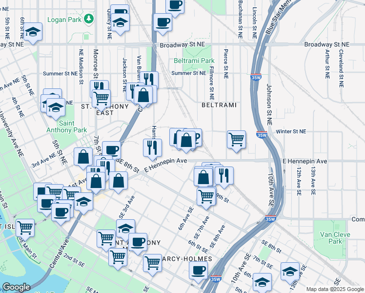 map of restaurants, bars, coffee shops, grocery stores, and more near 315 Polk Street Northeast in Minneapolis