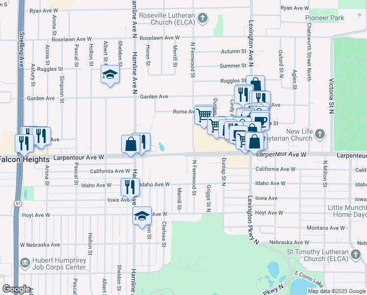 map of restaurants, bars, coffee shops, grocery stores, and more near 1255 Larpenteur Avenue West in Saint Paul