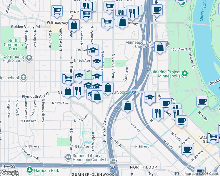 map of restaurants, bars, coffee shops, grocery stores, and more near 634 Harry Davis Lane in Minneapolis