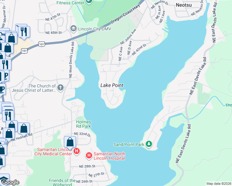 map of restaurants, bars, coffee shops, grocery stores, and more near 3297 Northeast Johns Loop in Neotsu