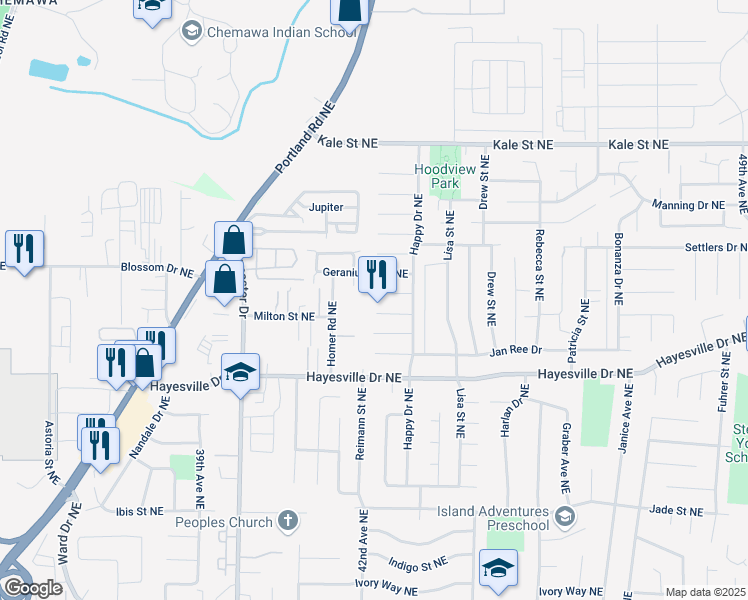 map of restaurants, bars, coffee shops, grocery stores, and more near 4228 Oriole Court Northeast in Salem