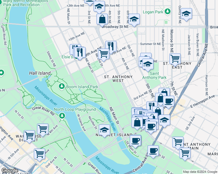 map of restaurants, bars, coffee shops, grocery stores, and more near 419 Northeast 2nd Street in Minneapolis