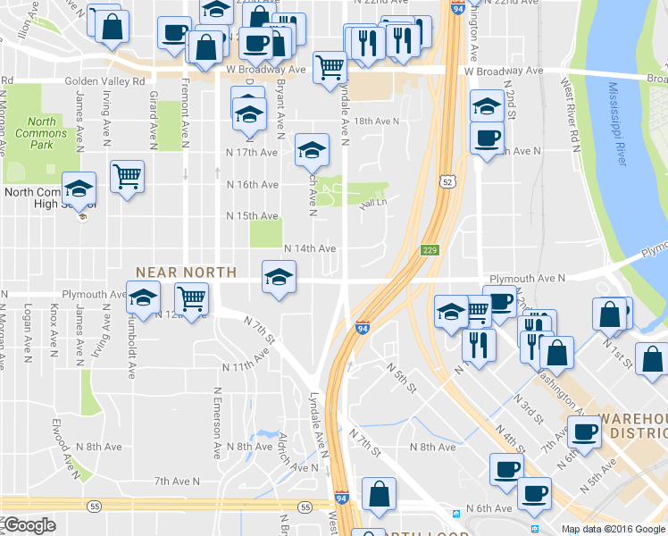 map of restaurants, bars, coffee shops, grocery stores, and more near 634 Harry Davis Lane in Minneapolis