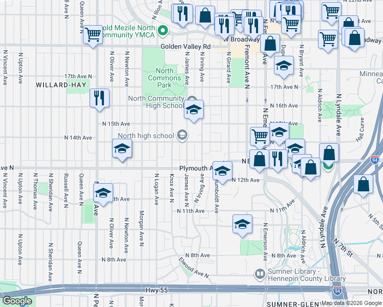 map of restaurants, bars, coffee shops, grocery stores, and more near 1325 North Irving Avenue in Minneapolis
