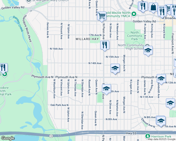 map of restaurants, bars, coffee shops, grocery stores, and more near 1328 Russell Avenue North in Minneapolis