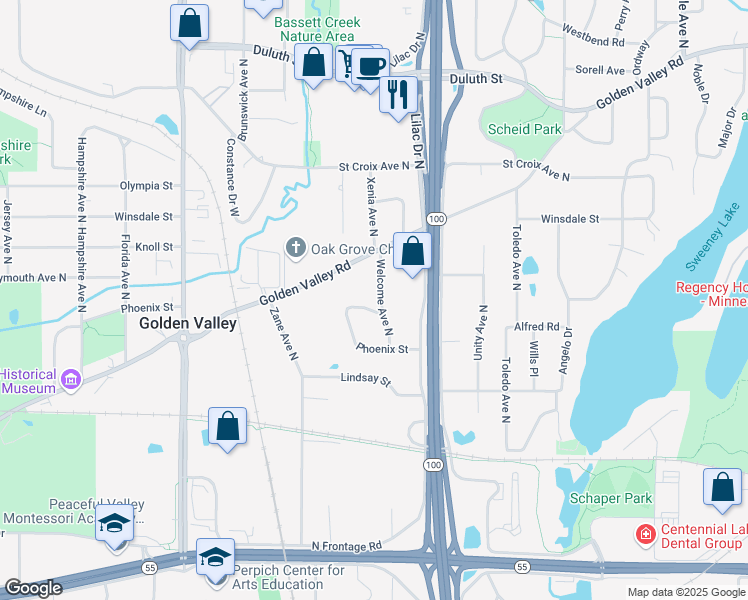 map of restaurants, bars, coffee shops, grocery stores, and more near 1133 Welcome Circle in Minneapolis