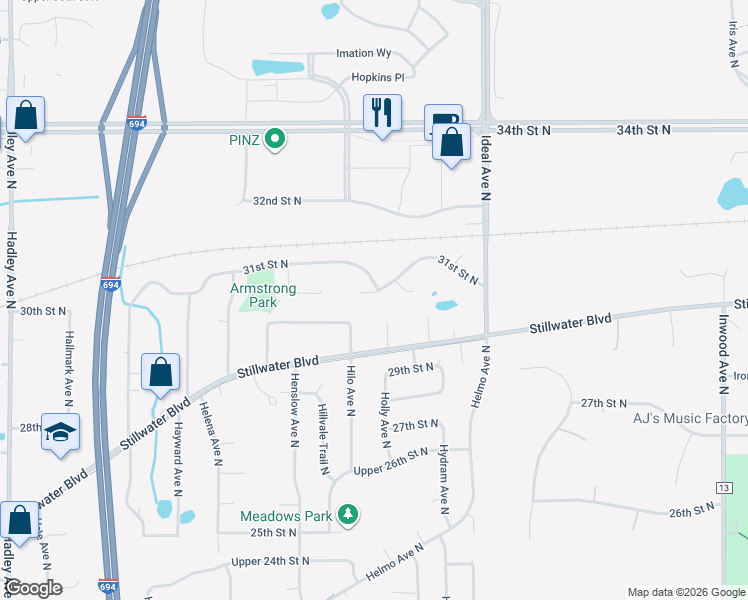map of restaurants, bars, coffee shops, grocery stores, and more near 7681 31st Street Plaza in Oakdale