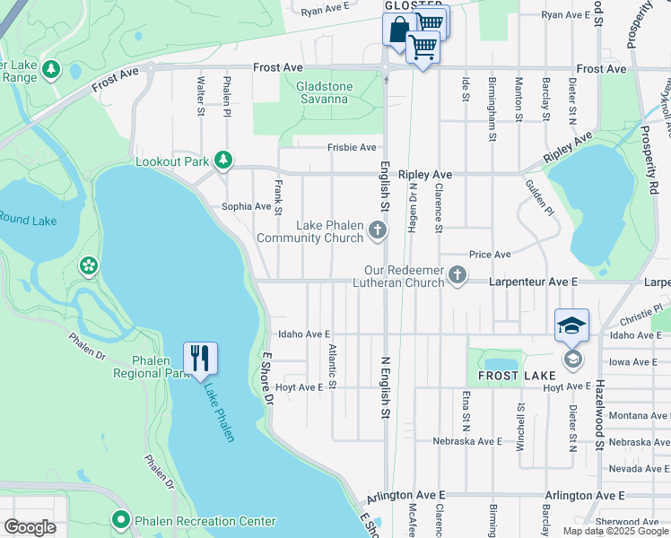 map of restaurants, bars, coffee shops, grocery stores, and more near 1251 Larpenteur Avenue East in Maplewood