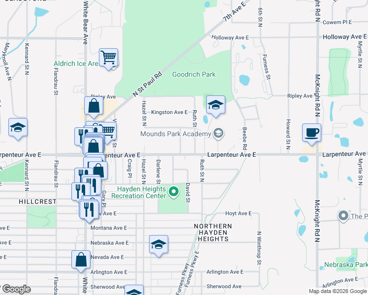 map of restaurants, bars, coffee shops, grocery stores, and more near 1694 Stanich Place in Saint Paul