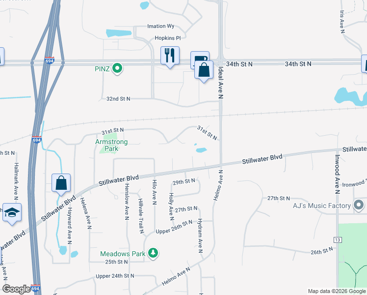 map of restaurants, bars, coffee shops, grocery stores, and more near 7709 31st Street Court North in Oakdale