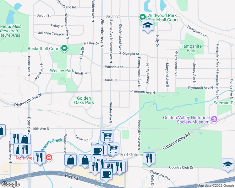map of restaurants, bars, coffee shops, grocery stores, and more near 1213 Rhode Island Avenue North in Minneapolis
