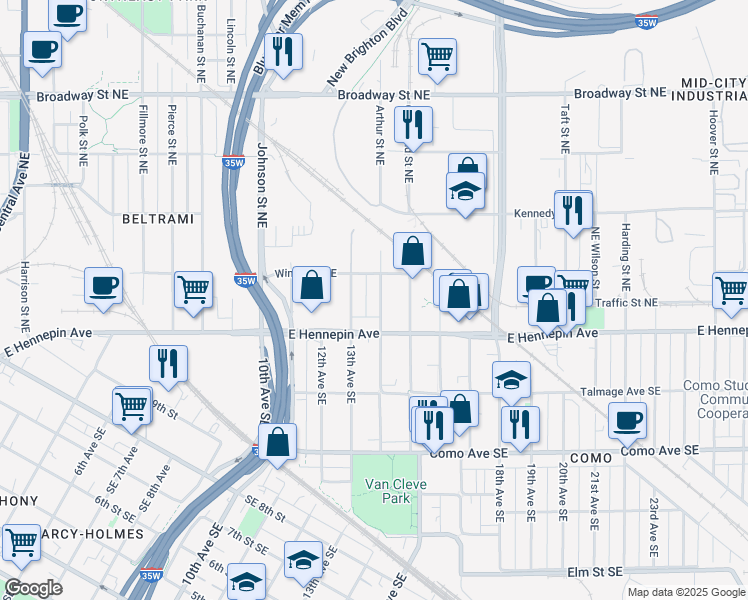 map of restaurants, bars, coffee shops, grocery stores, and more near 1153 14th Avenue Southeast in Minneapolis