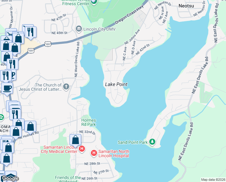 map of restaurants, bars, coffee shops, grocery stores, and more near 3297 Northeast Johns Loop in Neotsu