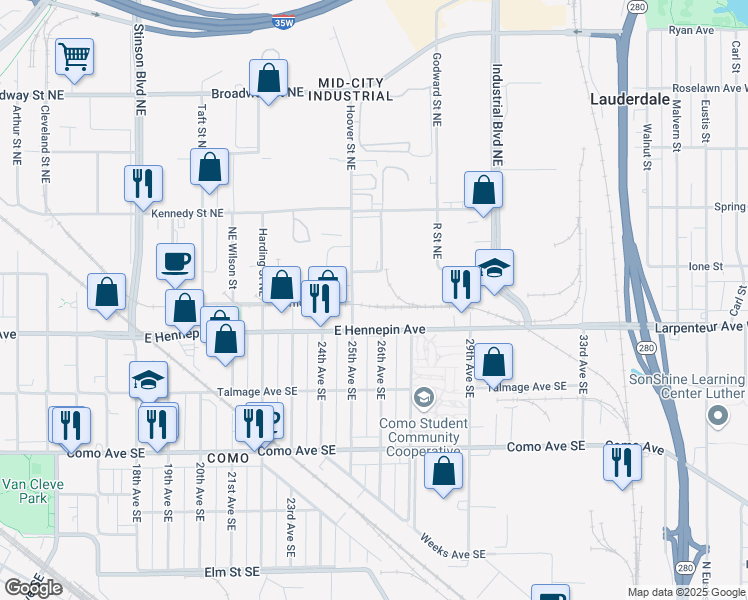 map of restaurants, bars, coffee shops, grocery stores, and more near 332 Delano Street Northeast in Minneapolis
